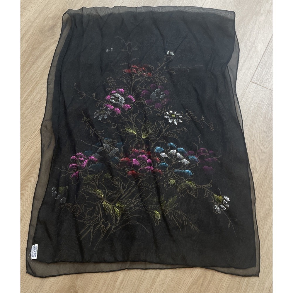 Vintage Scarf Sheer Black Rayon Painted Flowers Women's 17"W X 45"L Japan